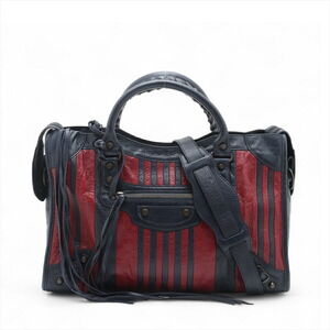 Balenciaga The City Leather Handbag Navy Blue Red Mirror